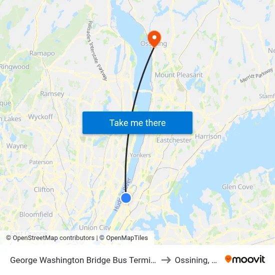 George Washington Bridge Bus Terminal to Ossining, NY map