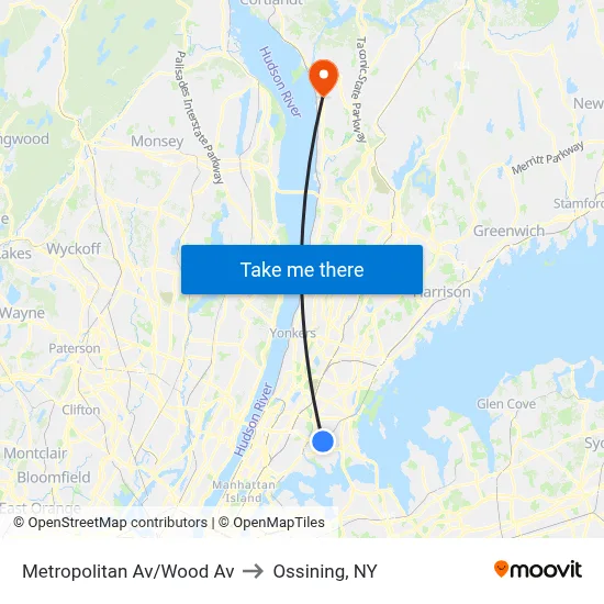 Metropolitan Av/Wood Av to Ossining, NY map