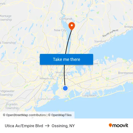 Utica Av/Empire Blvd to Ossining, NY map