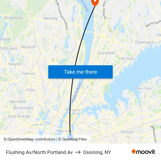 Flushing Av/North Portland Av to Ossining, NY map
