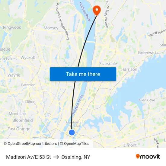 Madison Av/E 53 St to Ossining, NY map