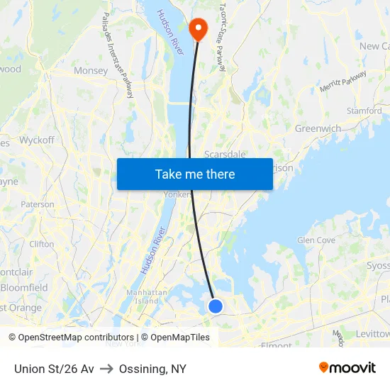 Union St/26 Av to Ossining, NY map