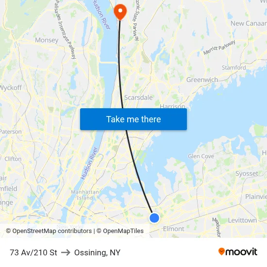 73 Av/210 St to Ossining, NY map
