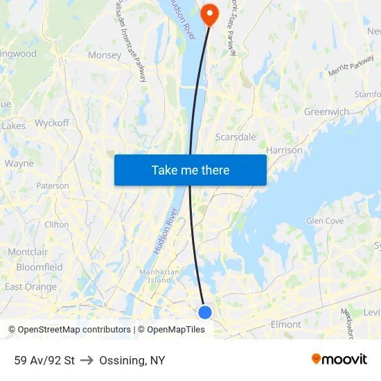 59 Av/92 St to Ossining, NY map