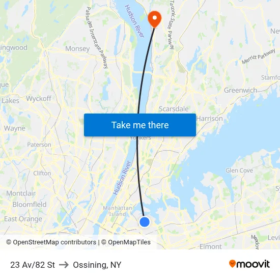 23 Av/82 St to Ossining, NY map