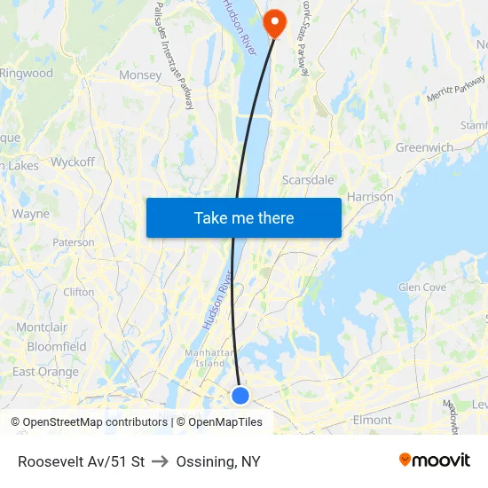 Roosevelt Av/51 St to Ossining, NY map