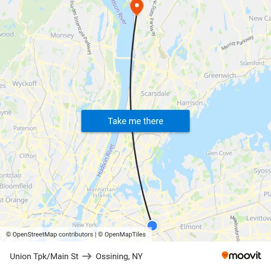 Union Tpk/Main St to Ossining, NY map
