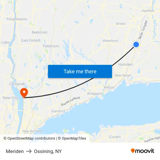 Meriden to Ossining, NY map