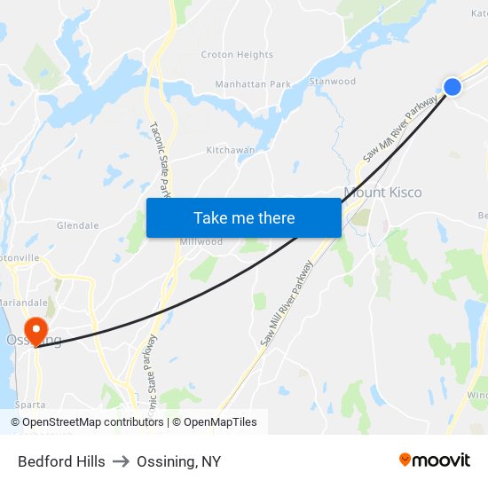 Bedford Hills to Ossining, NY map