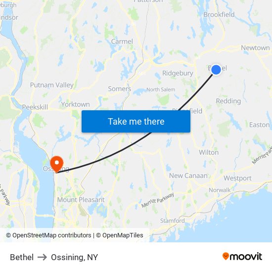 Bethel to Ossining, NY map