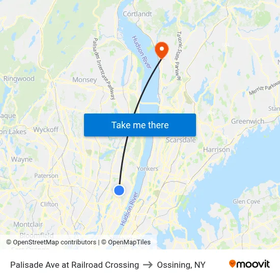 Palisade Ave at Railroad Crossing to Ossining, NY map
