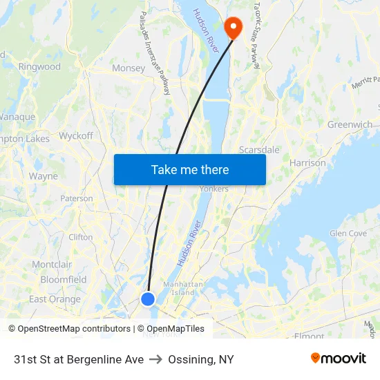 31st St at Bergenline Ave to Ossining, NY map