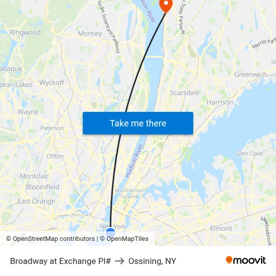 Broadway at Exchange Pl# to Ossining, NY map