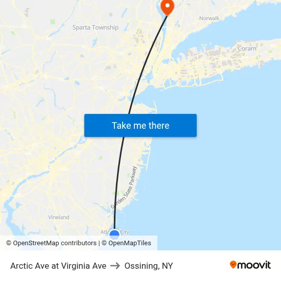 Arctic Ave at Virginia Ave to Ossining, NY map