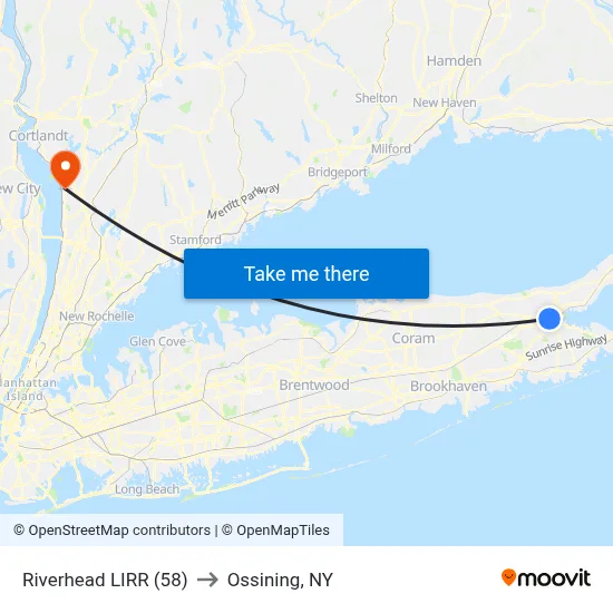 Riverhead LIRR (58) to Ossining, NY map
