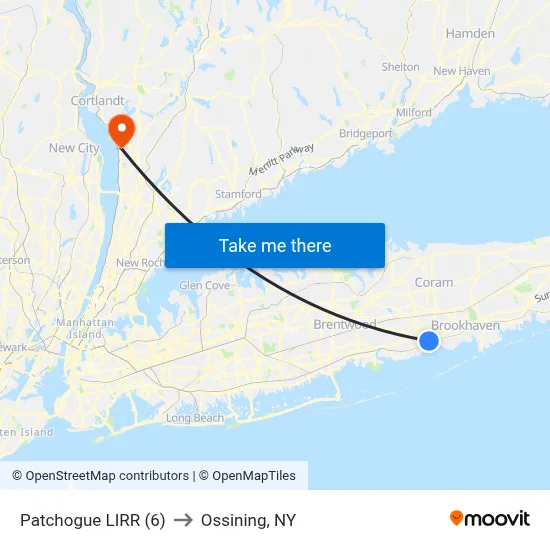 Patchogue LIRR (6) to Ossining, NY map