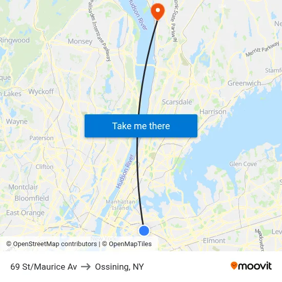 69 St/Maurice Av to Ossining, NY map