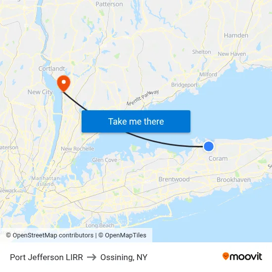 Port Jefferson LIRR to Ossining, NY map