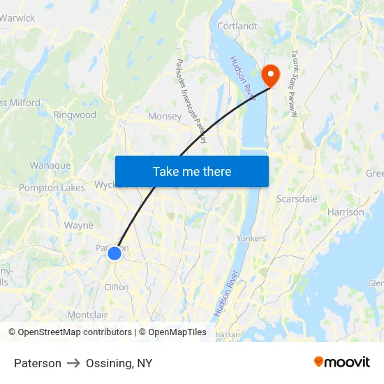 Paterson to Ossining, NY map