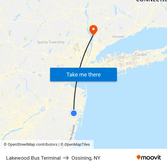 Lakewood Bus Terminal to Ossining, NY map