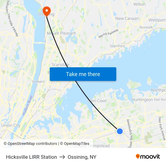 Hicksville LIRR Station to Ossining, NY map