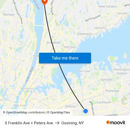 S Franklin Ave + Peters Ave to Ossining, NY map
