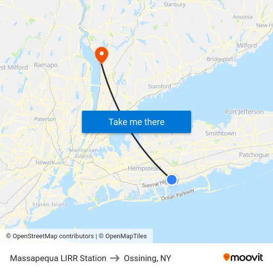 Massapequa LIRR Station to Ossining, NY map