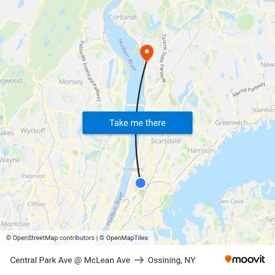 Central Park Ave @ McLean Ave to Ossining, NY map