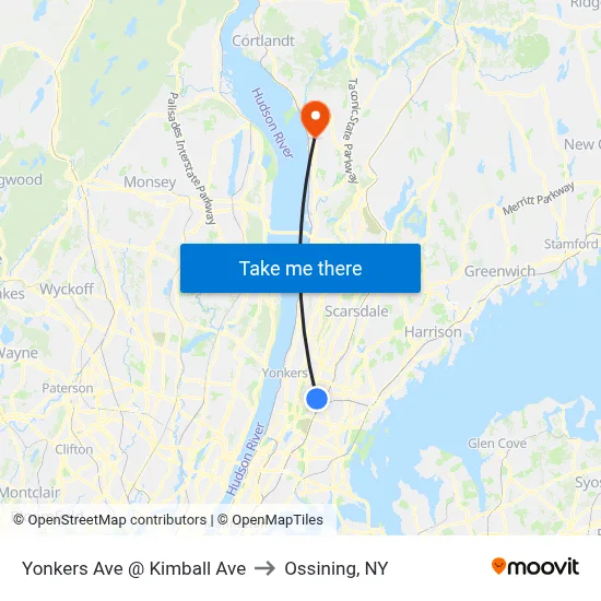 Yonkers Ave @ Kimball Ave to Ossining, NY map
