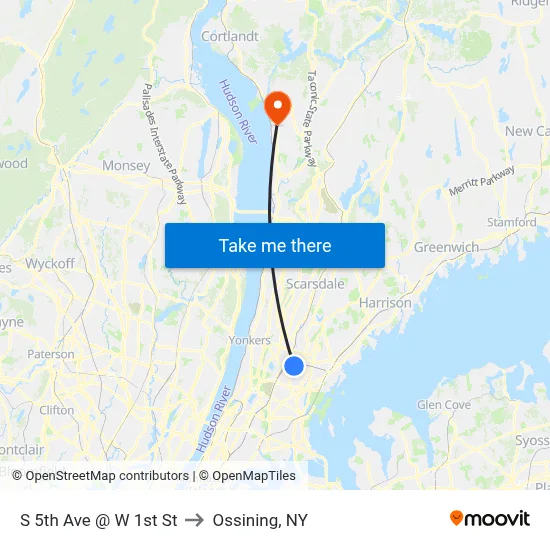 S 5th Ave @ W 1st St to Ossining, NY map