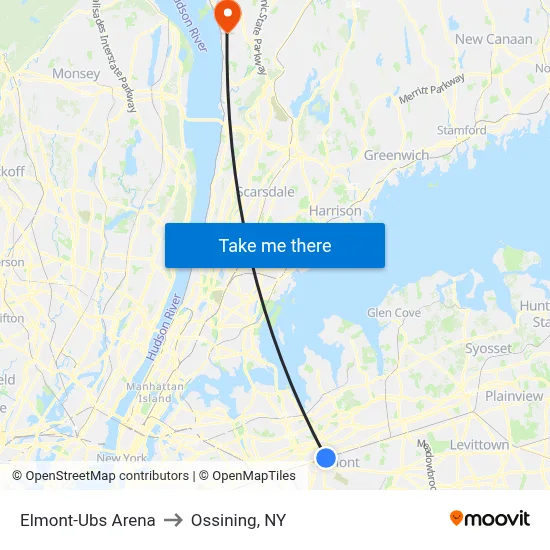 Elmont-Ubs Arena to Ossining, NY map
