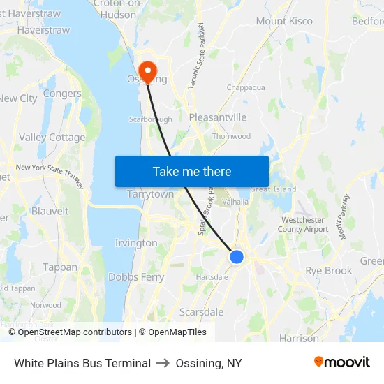 White Plains Bus Terminal to Ossining, NY map