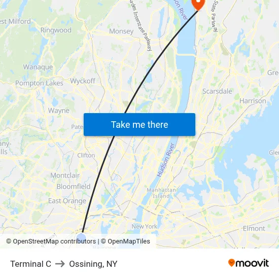 Terminal C to Ossining, NY map