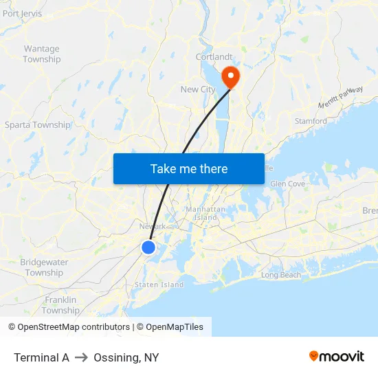 Terminal A to Ossining, NY map