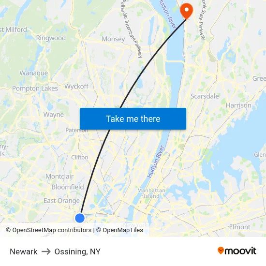Newark to Ossining, NY map