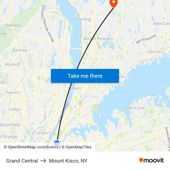 Grand Central to Mount Kisco, NY map