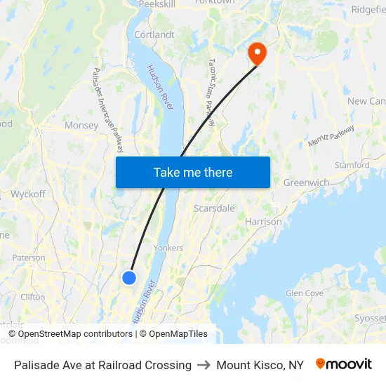 Palisade Ave at Railroad Crossing to Mount Kisco, NY map