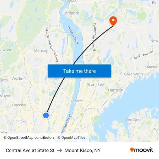 Central Ave at State St to Mount Kisco, NY map