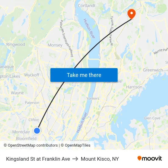 Kingsland St at Franklin Ave to Mount Kisco, NY map