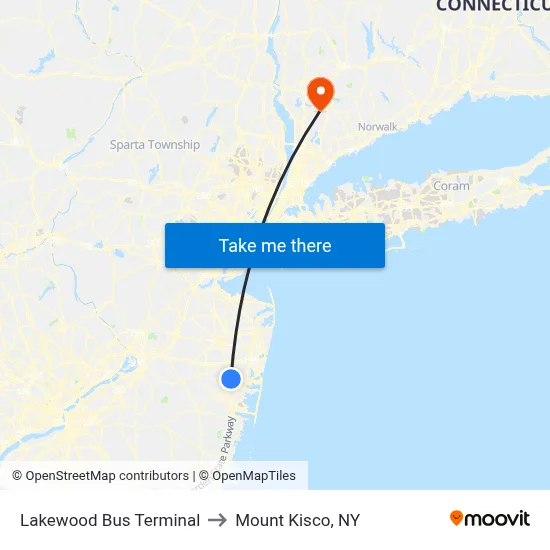 Lakewood Bus Terminal to Mount Kisco, NY map