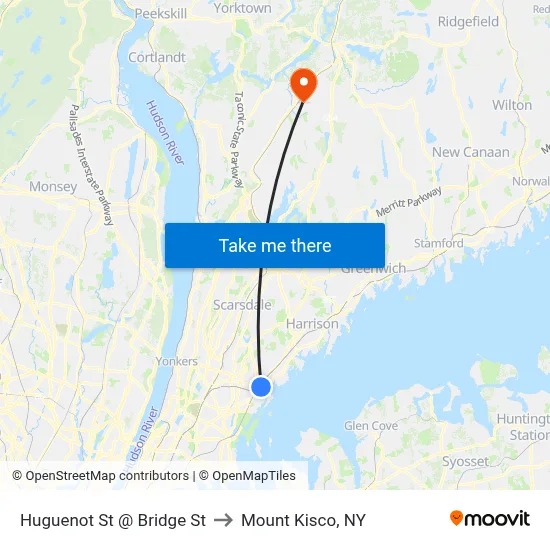 Huguenot St @ Bridge St to Mount Kisco, NY map