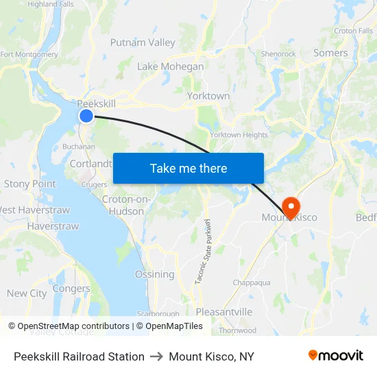 Peekskill Railroad Station to Mount Kisco, NY map