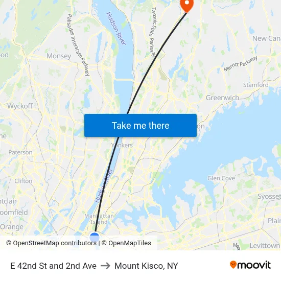 E 42nd St and 2nd Ave to Mount Kisco, NY map