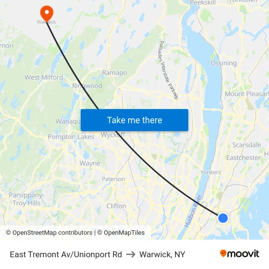 East Tremont Av/Unionport Rd to Warwick, NY map