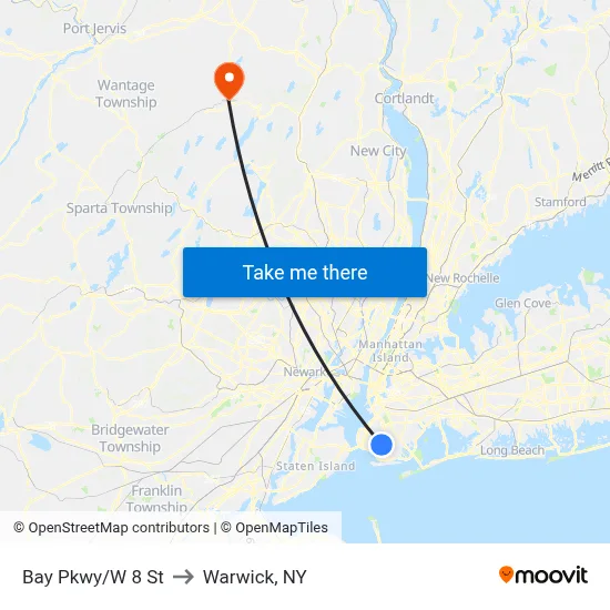 Bay Pkwy/W 8 St to Warwick, NY map