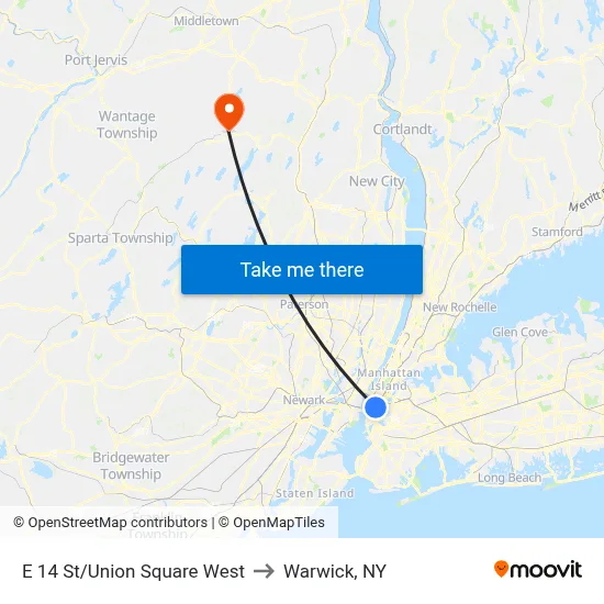 E 14 St/Union Square West to Warwick, NY map