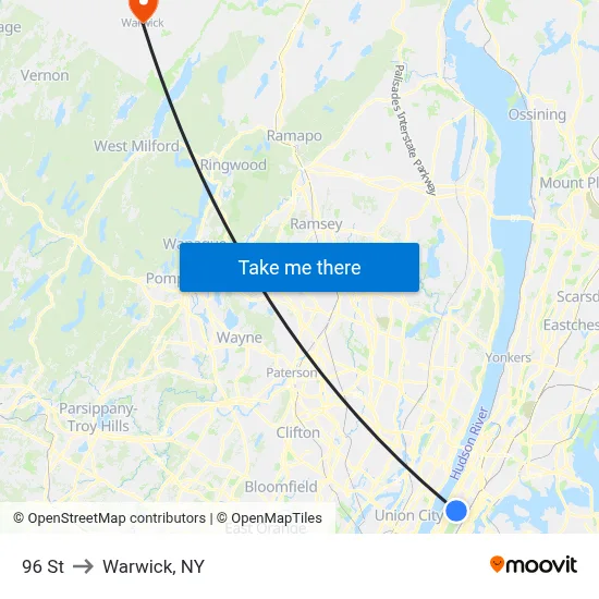 96 St to Warwick, NY map