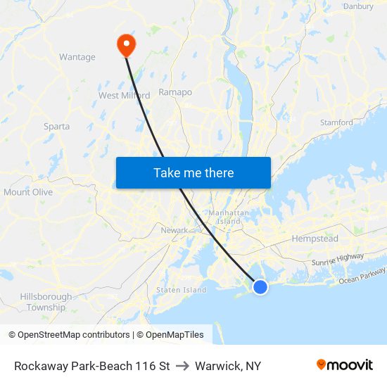 Rockaway Park-Beach 116 St to Warwick, NY map