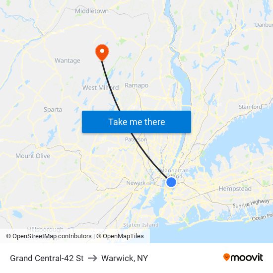 Grand Central-42 St to Warwick, NY map