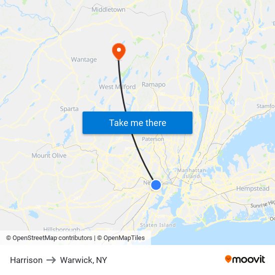 Harrison to Warwick, NY map